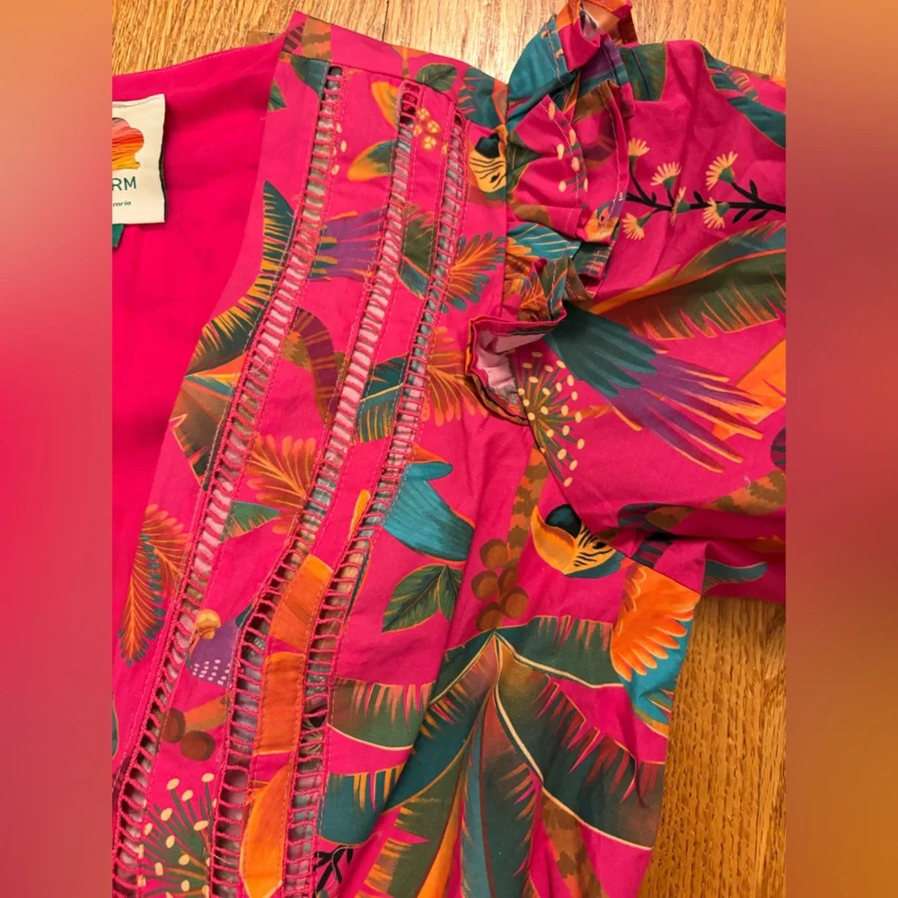 FARM Rio Macaw Party Pink Belted Puff Sleeve Romper - Picture 8 of 12